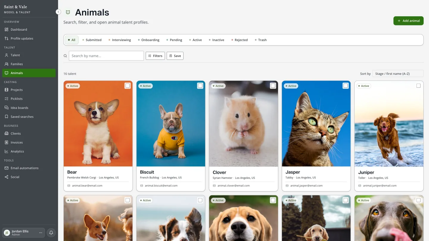 Animal talent roster with dogs, cats and a hamster, each with breed and location