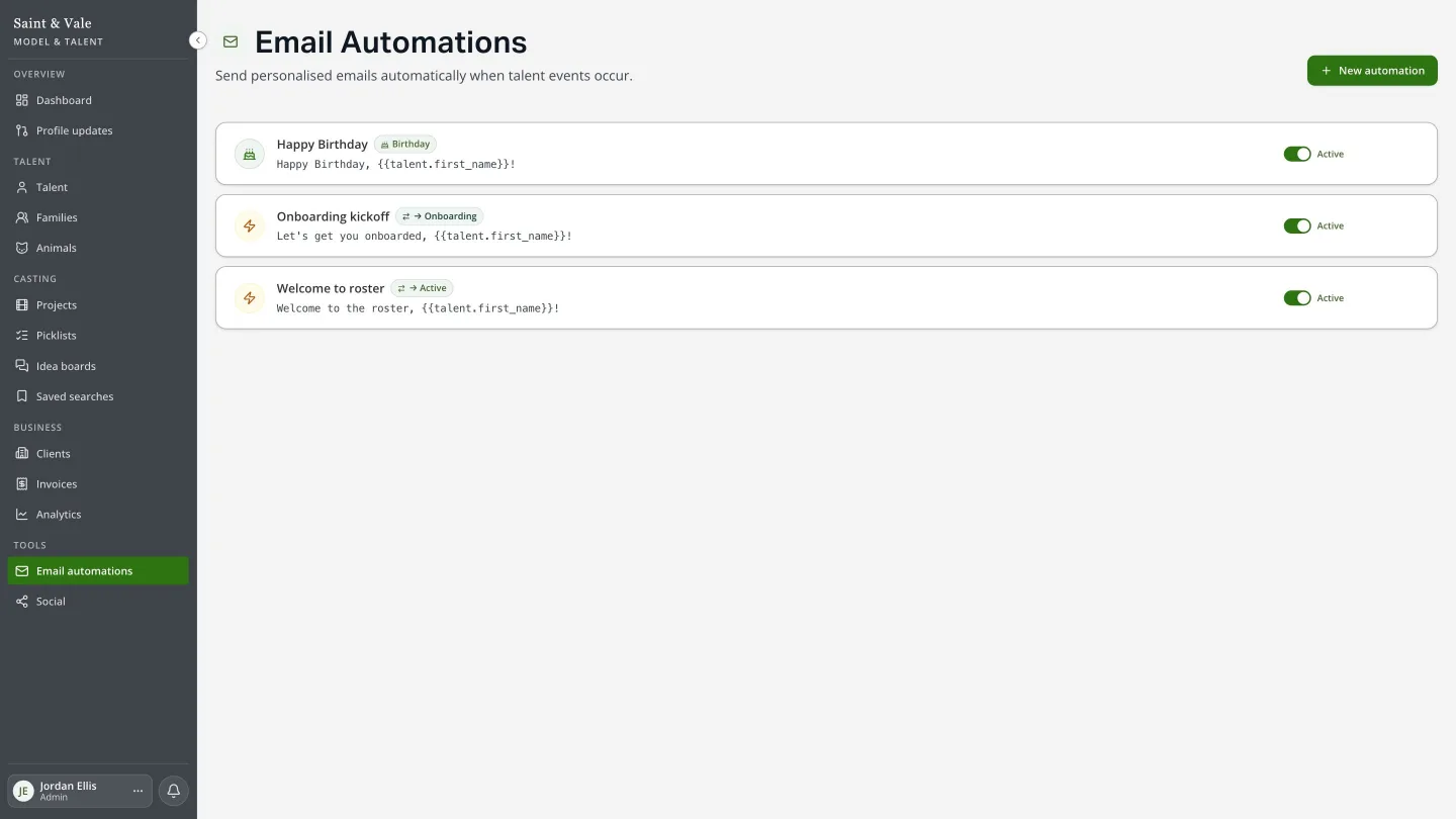 Email automations for birthdays, onboarding kickoff and welcome to roster