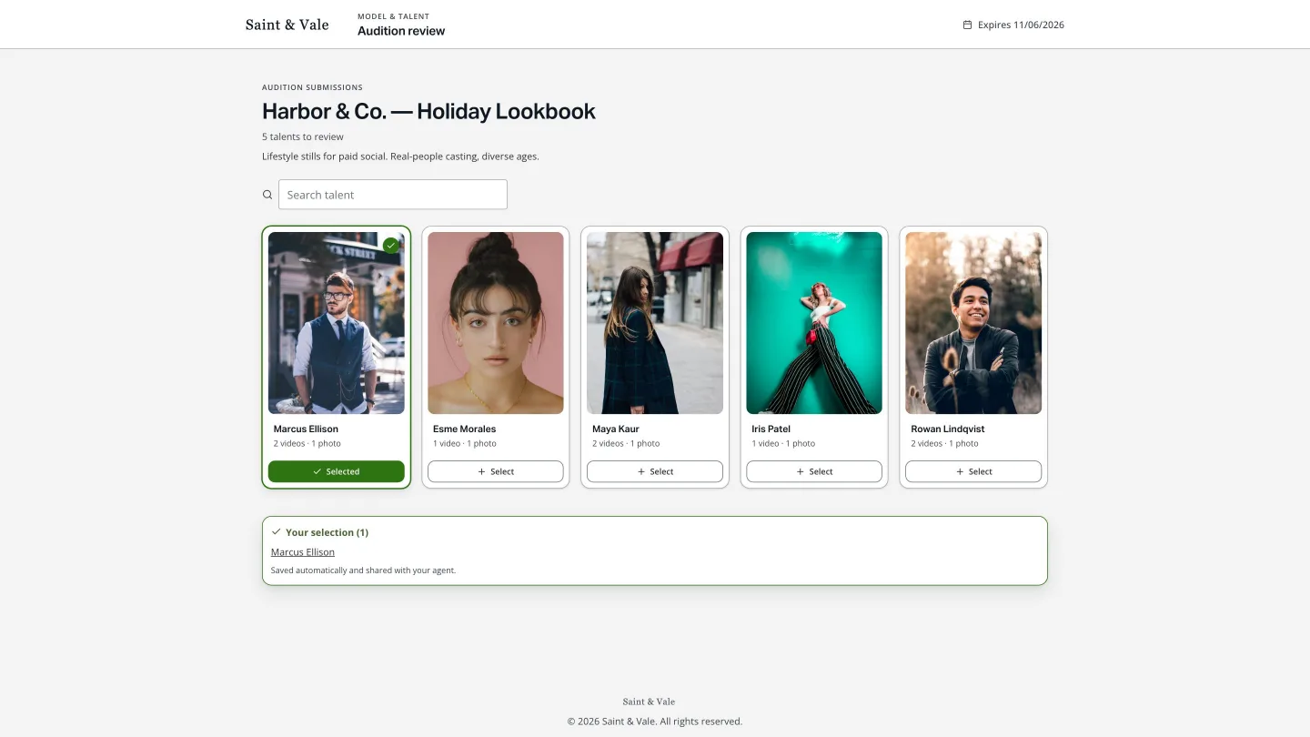The client’s audition review page: five submitted talent with photos and file counts, one marked selected