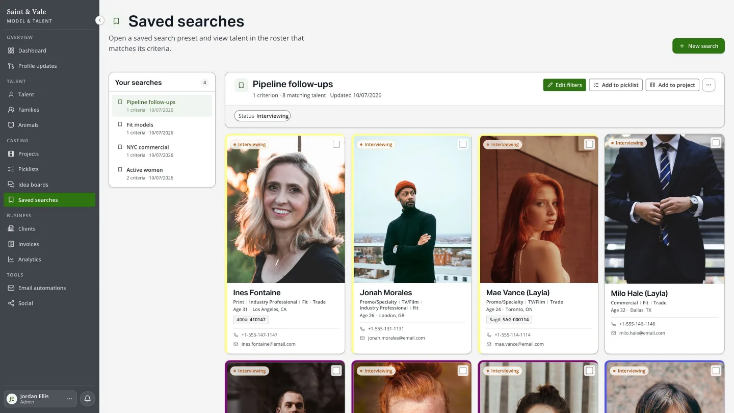 Saved searches list with matching talent cards and actions to add them to a picklist or project